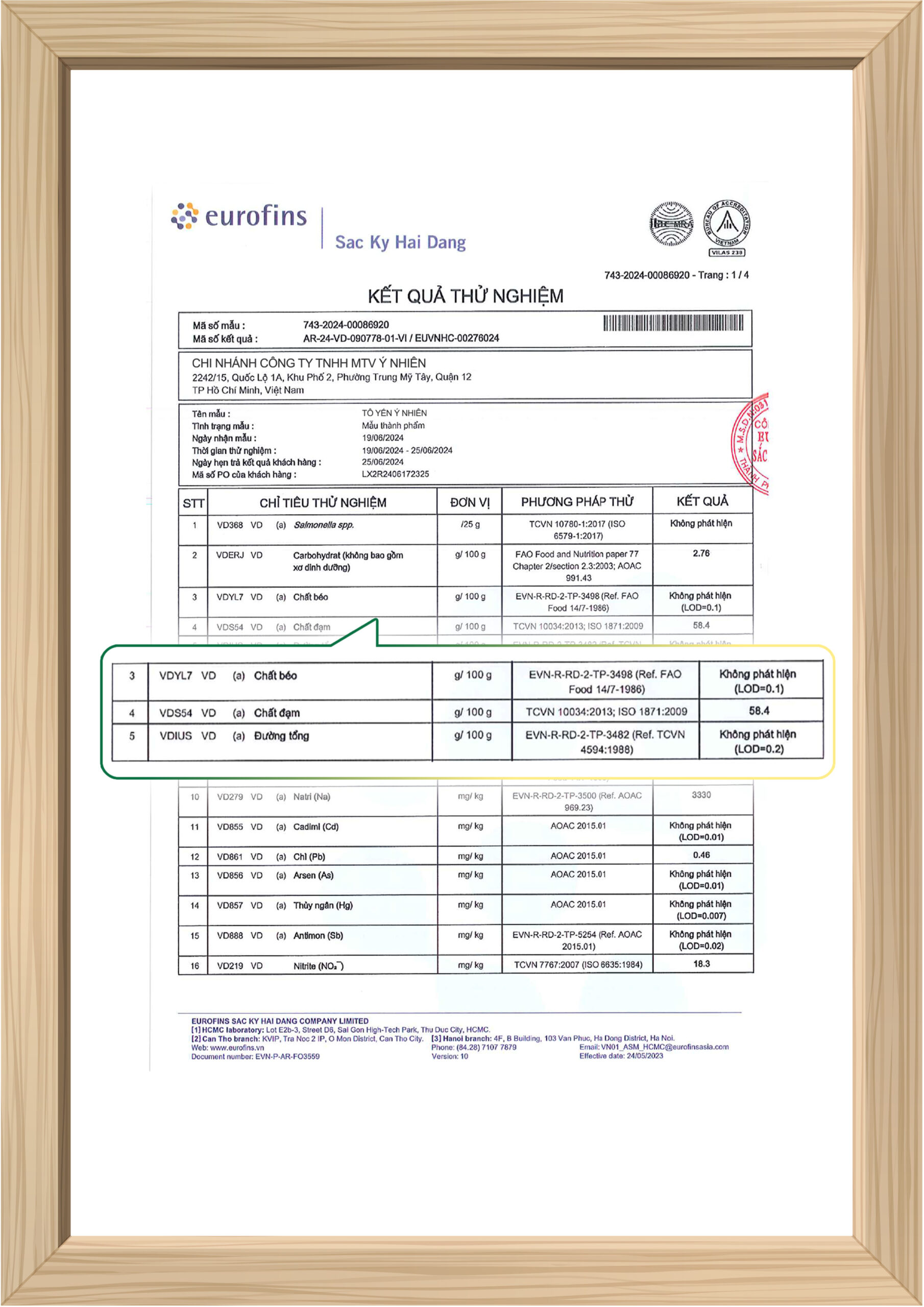 kết quả kiểm nghiệm từ Eurofins Sắc Ký Hải Đăng